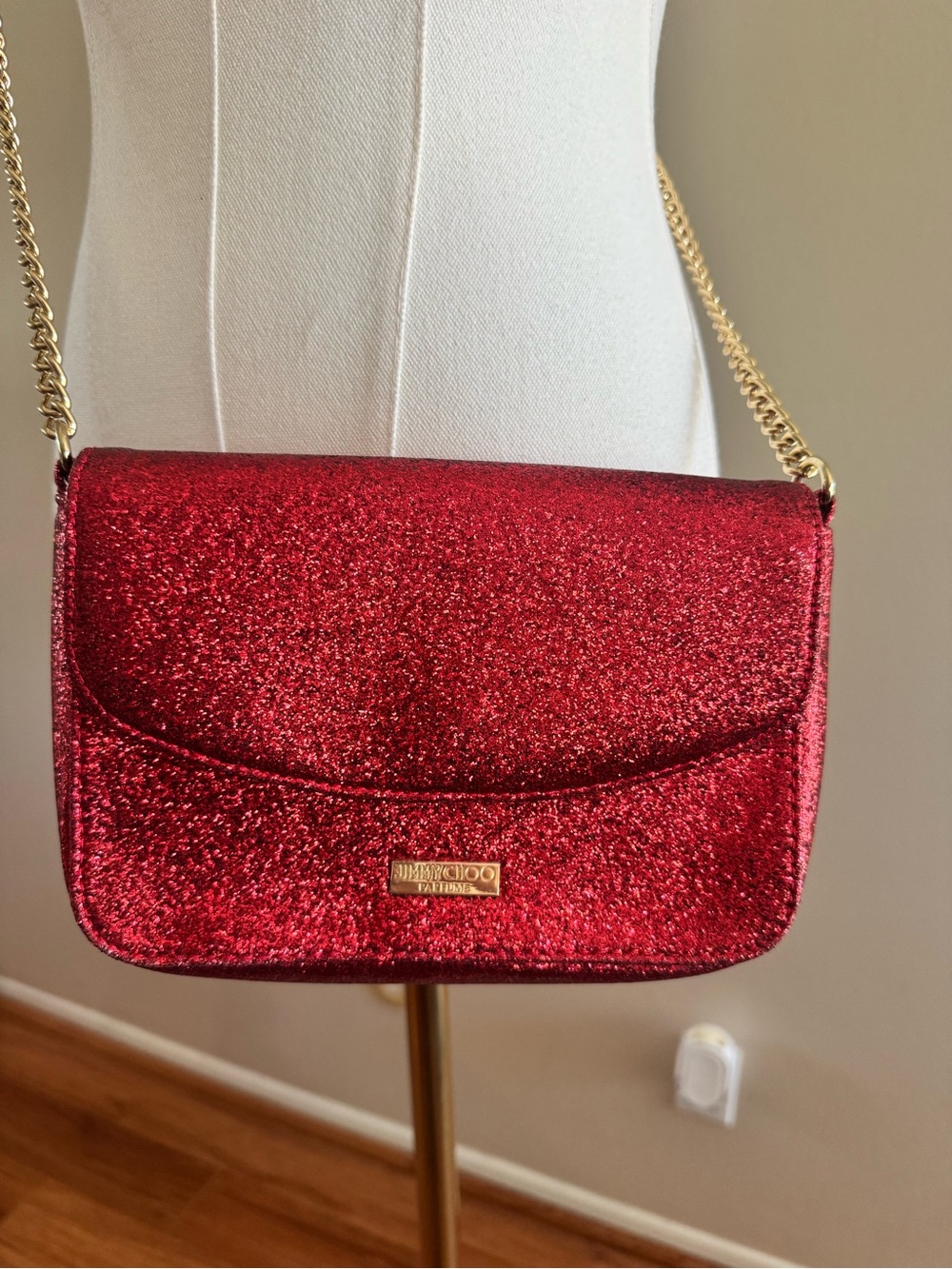 Jimmy Choo Parfumes Red Glitter Chain Crossbody Bag - Picture 3 of 12